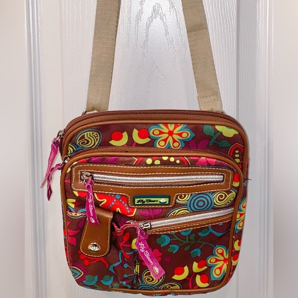 Lily Bloom Purse Vivid Colors on Brown Background Multi Pockets - Picture 7 of 8